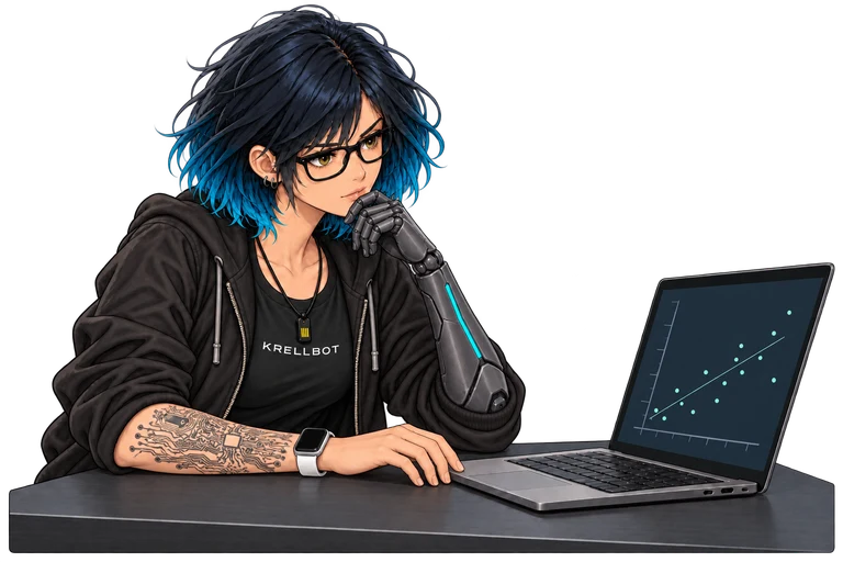 Krell reviewing results on a laptop, illustrating the strategy testing and refinement process